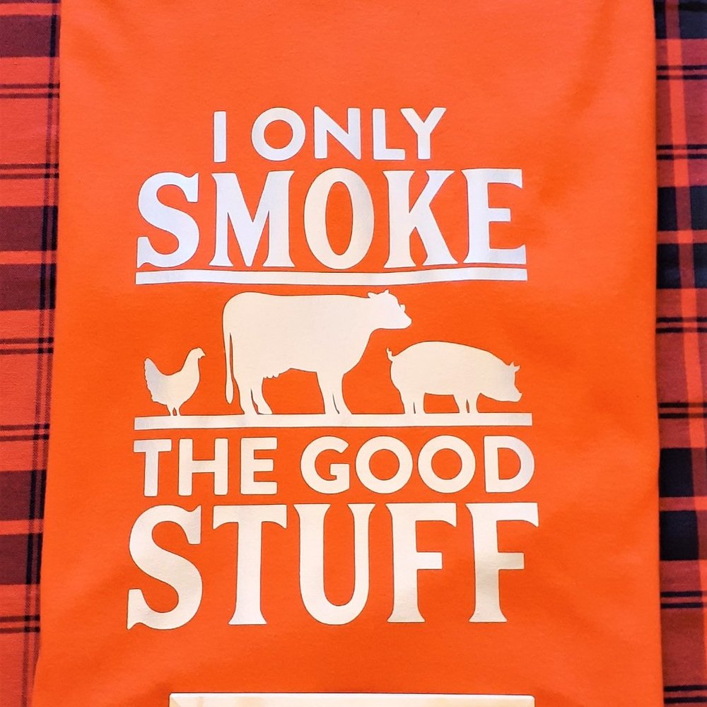 'I ONLY SMOKE THE GOOD STUFF'  ORANGE T-SHIRT W/ SILVER DESIGN Adult LG